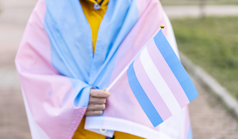 Young person wrapped in transgender flag.